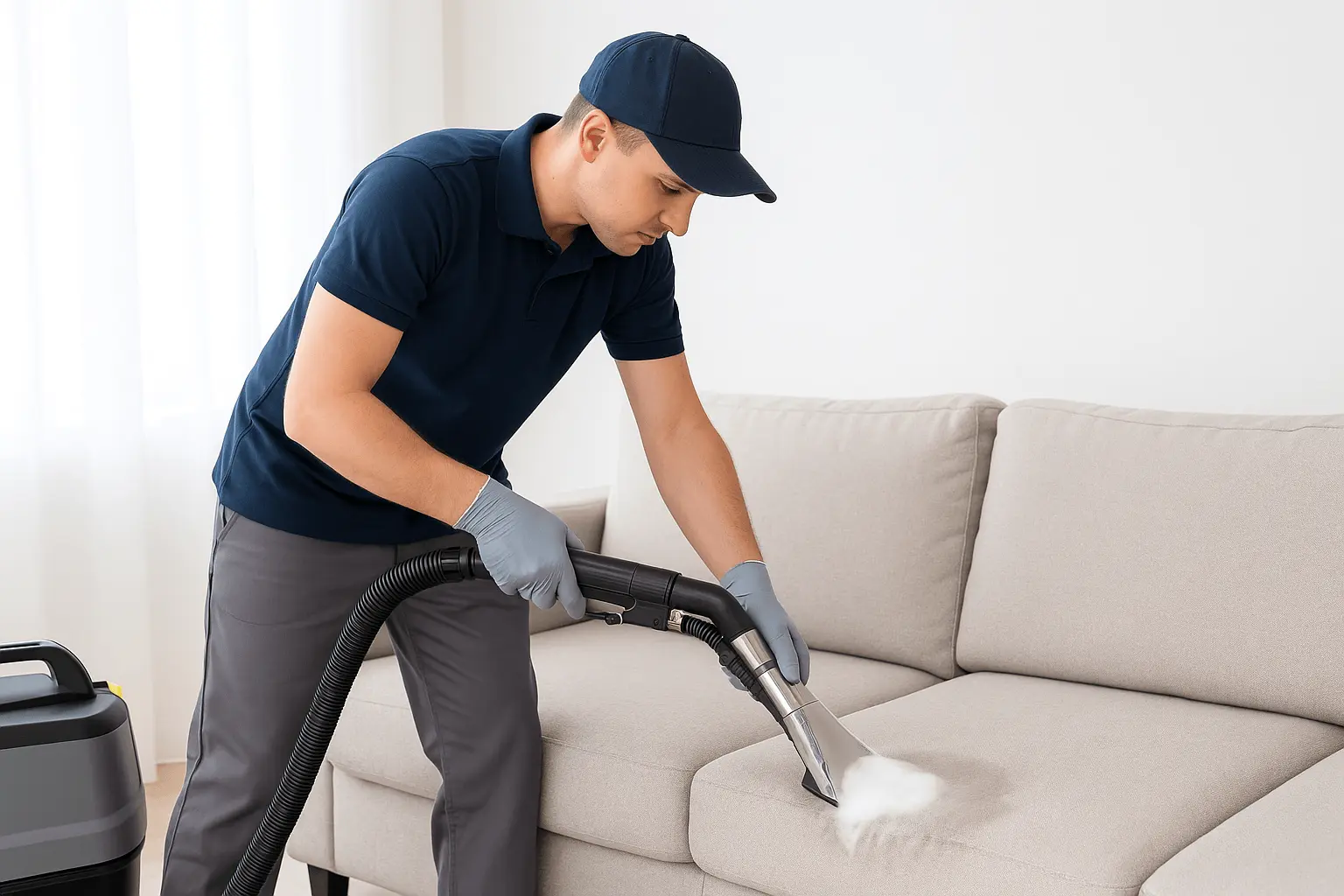 Profissional removendo odores de sofá com equipamento especializado